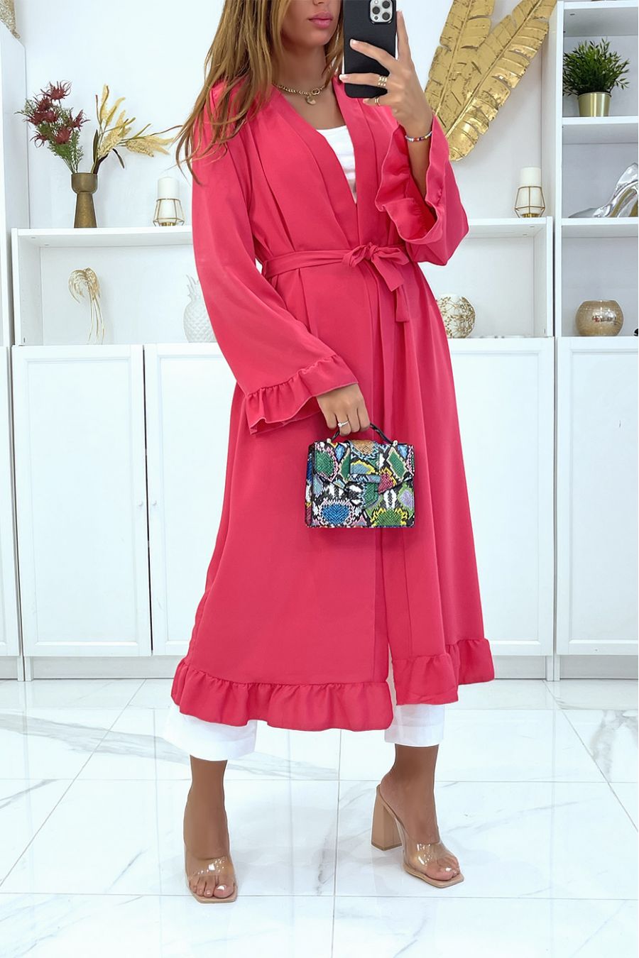 Abaya kimono fuchsia avec volant et ceinture - 1