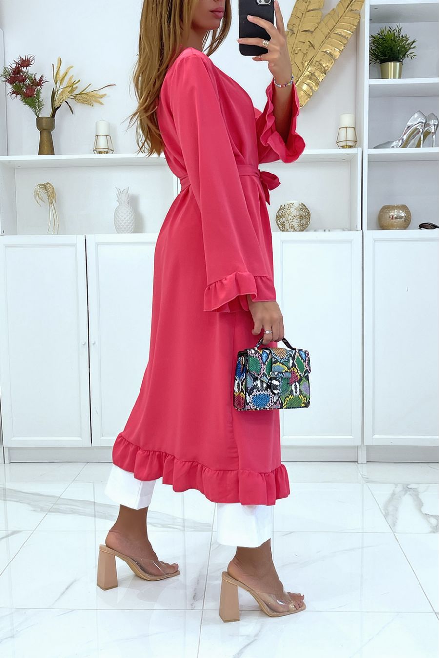 Fuchsia kimono abaya met volant en riem - 3