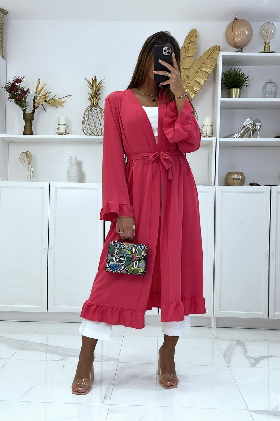 Fuchsia kimono abaya with flounce and belt - 4