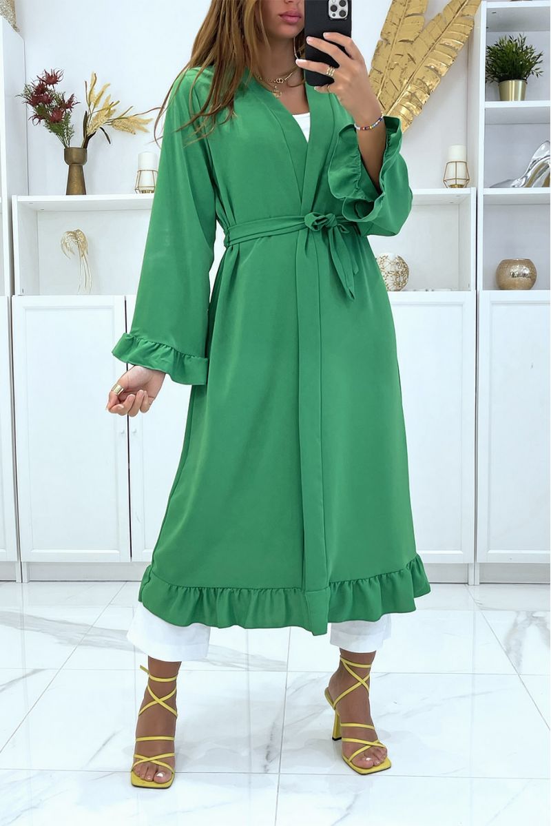 Green kimono abaya with ruffle and belt - 1