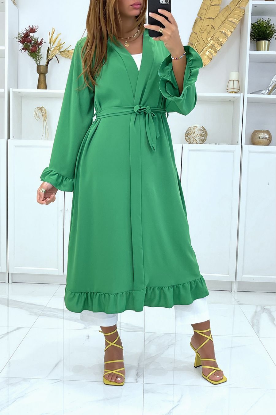 Abaya kimono vert avec volant et ceinture - 3