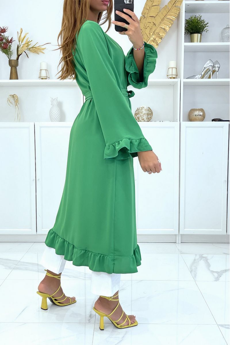Green kimono abaya with ruffle and belt - 4