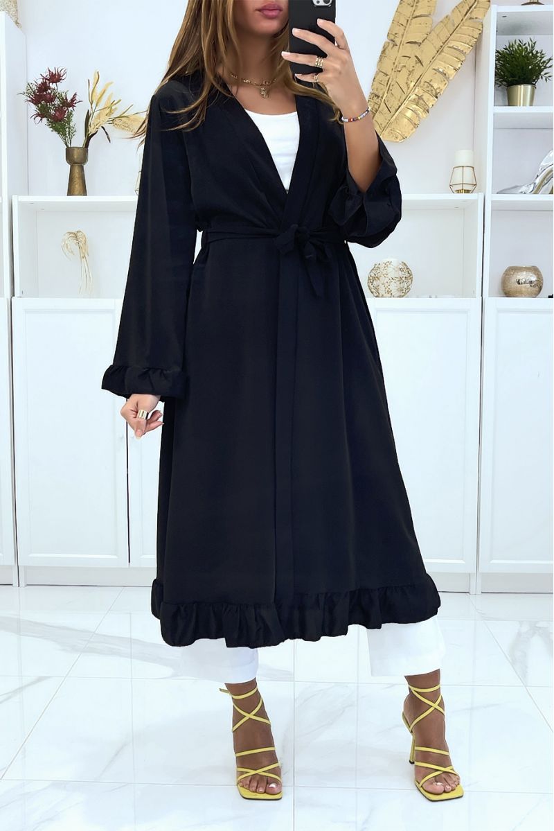 Abaya kimono noir avec volant et ceinture - 1