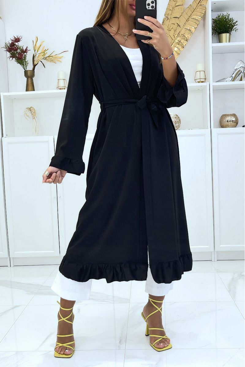 Abaya kimono noir avec volant et ceinture - 2