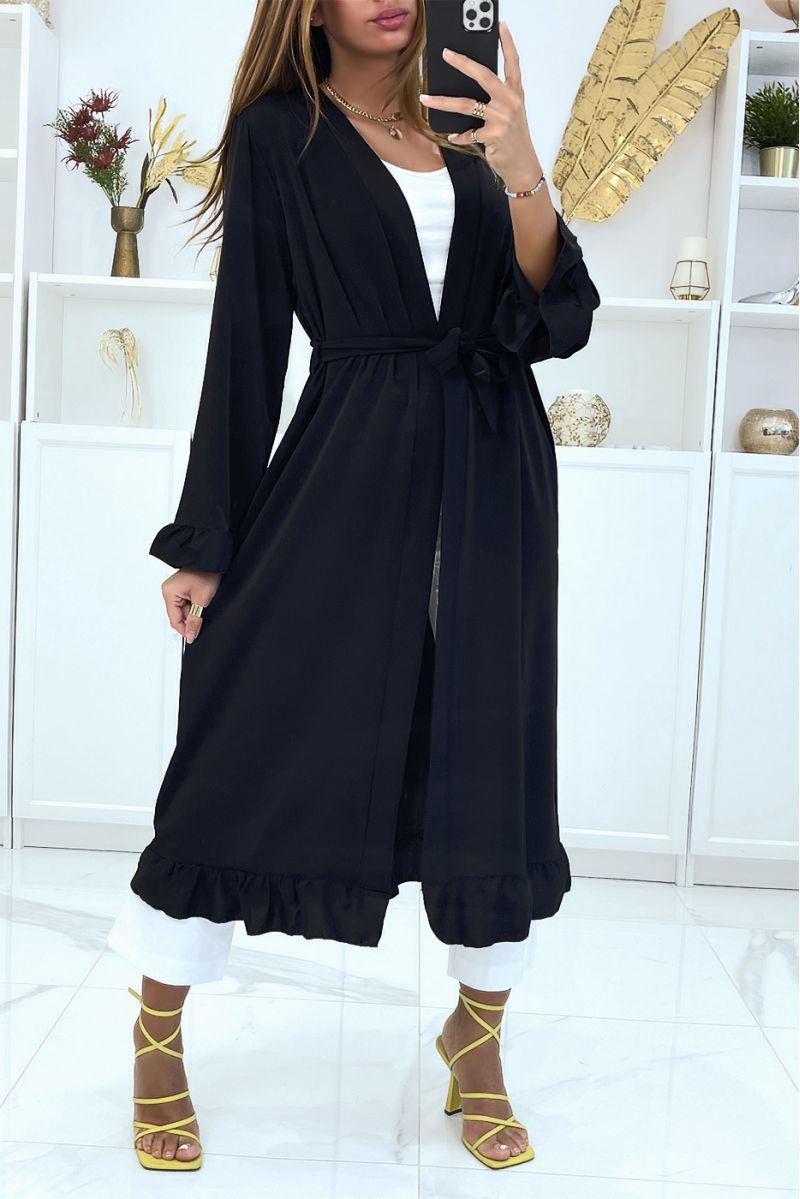 Abaya kimono noir avec volant et ceinture - 3