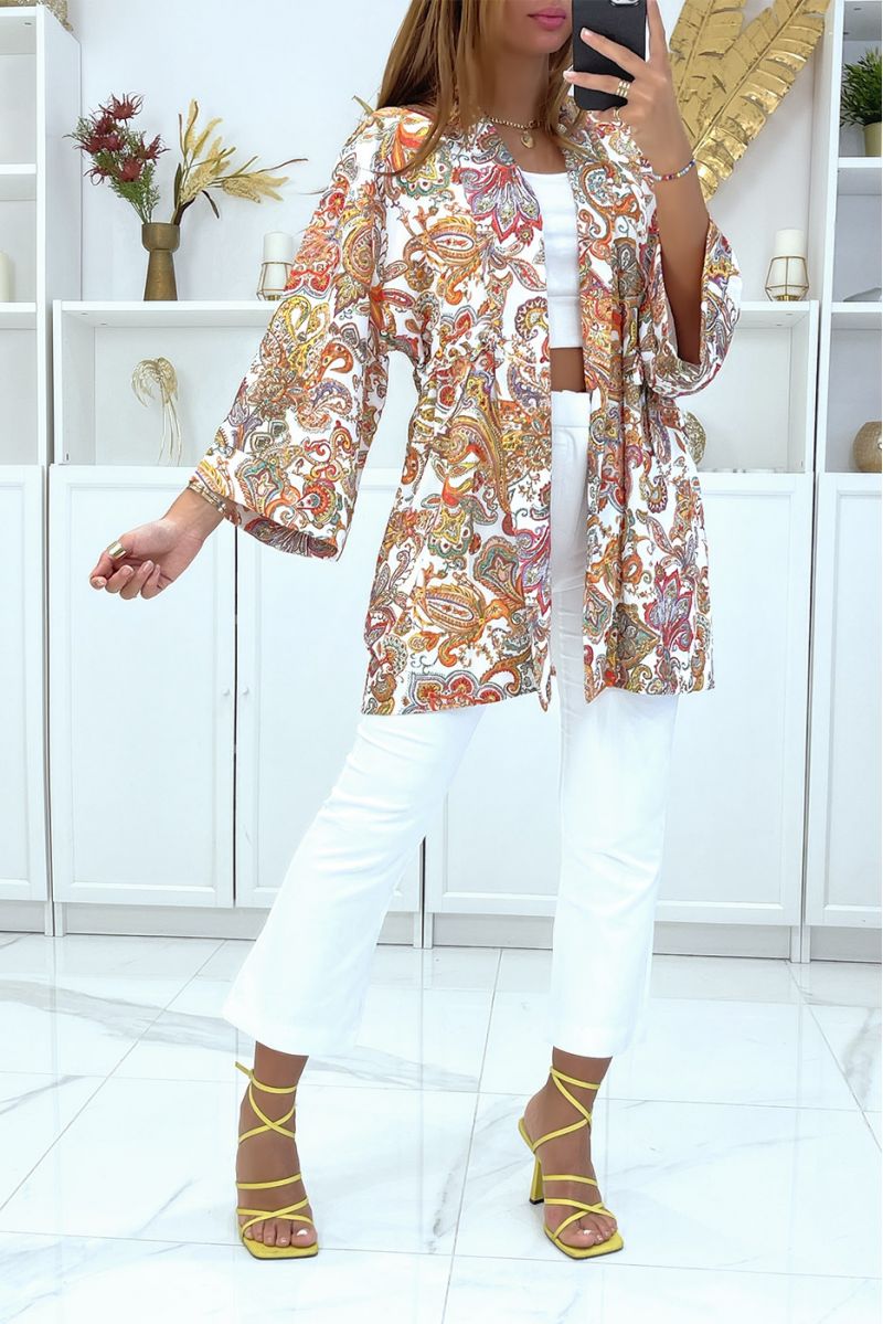 Kimono blanc avec joli motif ajustable à la taille - 3