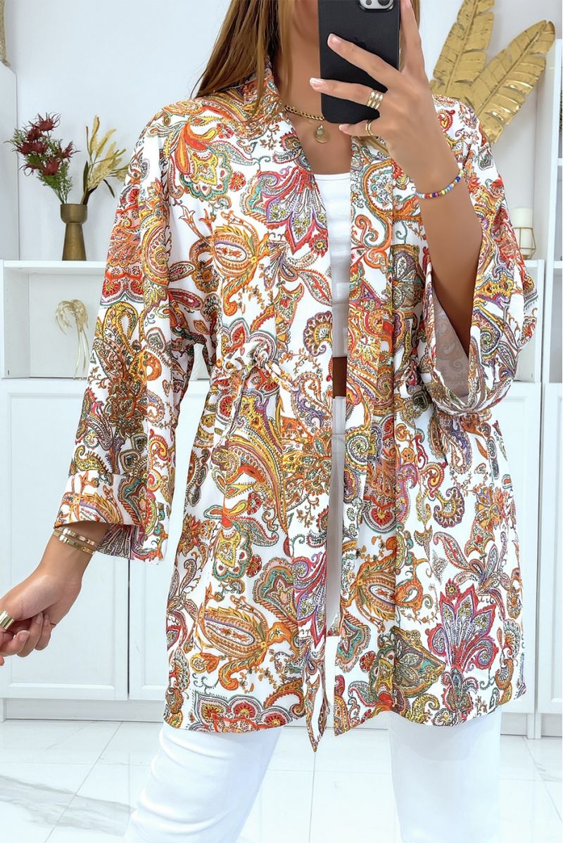 Kimono blanc avec joli motif ajustable à la taille - 4