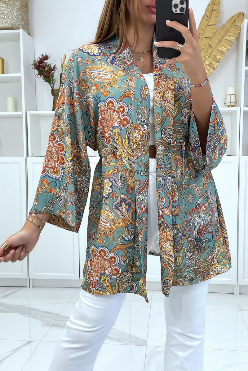 Kimono vert d'eau avec joli motif ajustable à la taille - 1