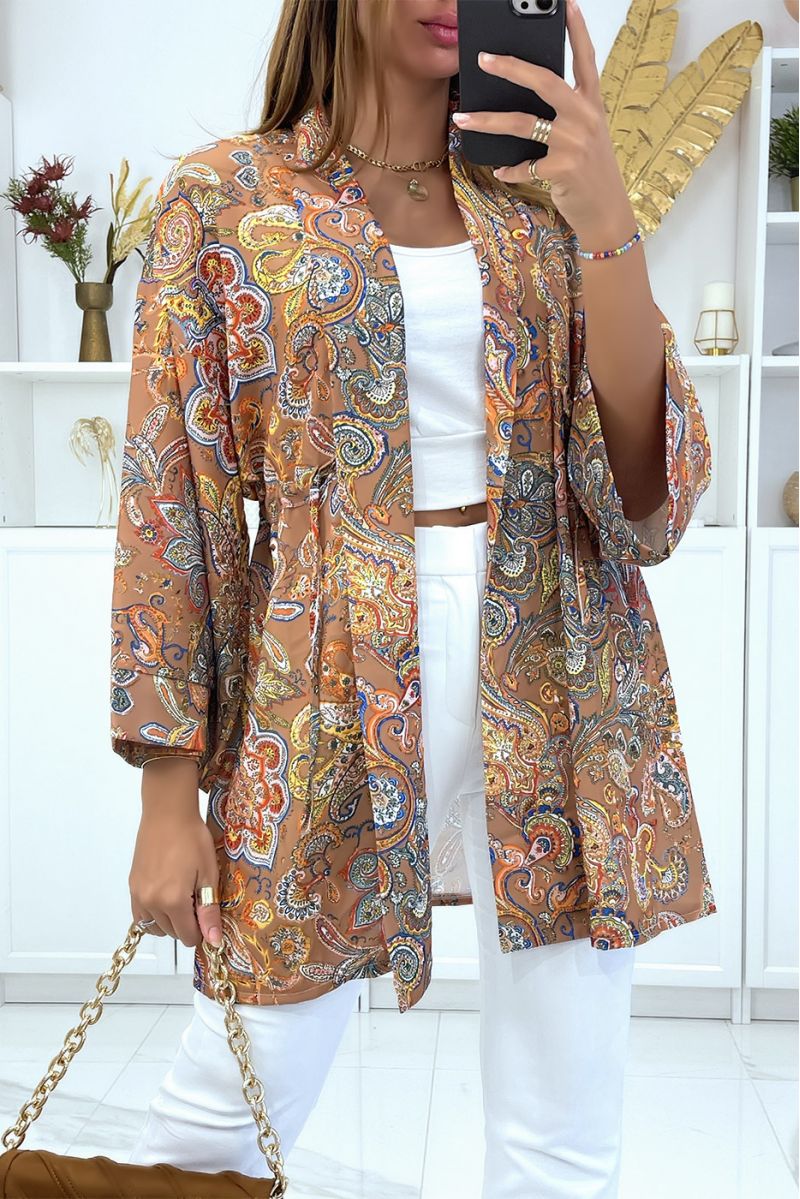 Kimono taupe avec joli motif ajustable à la taille - 1