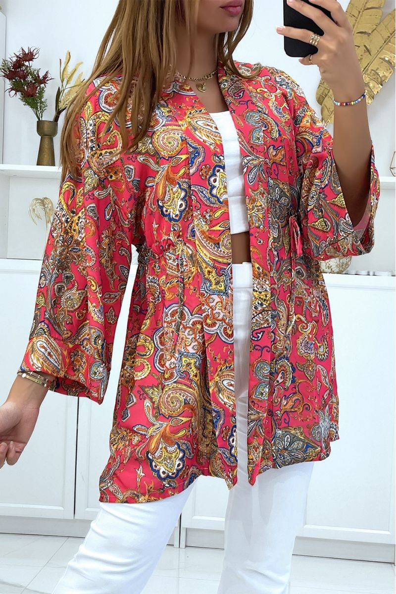 Kimono fuchsia avec joli motif ajustable à la taille - 3