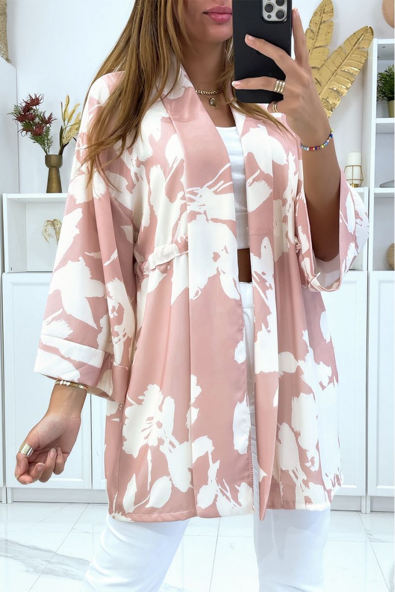 Kimono rose avec joli motif ajustable à la taille - 1