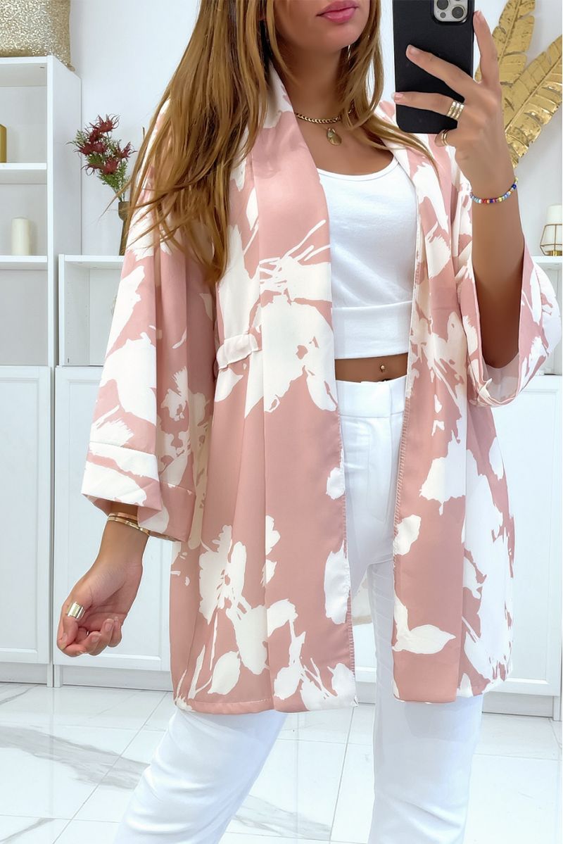 Pink kimono with pretty pattern adjustable at the waist - 4