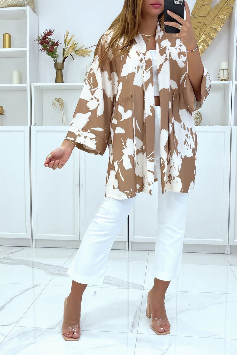 Camel kimono with pretty pattern adjustable at the waist - 3