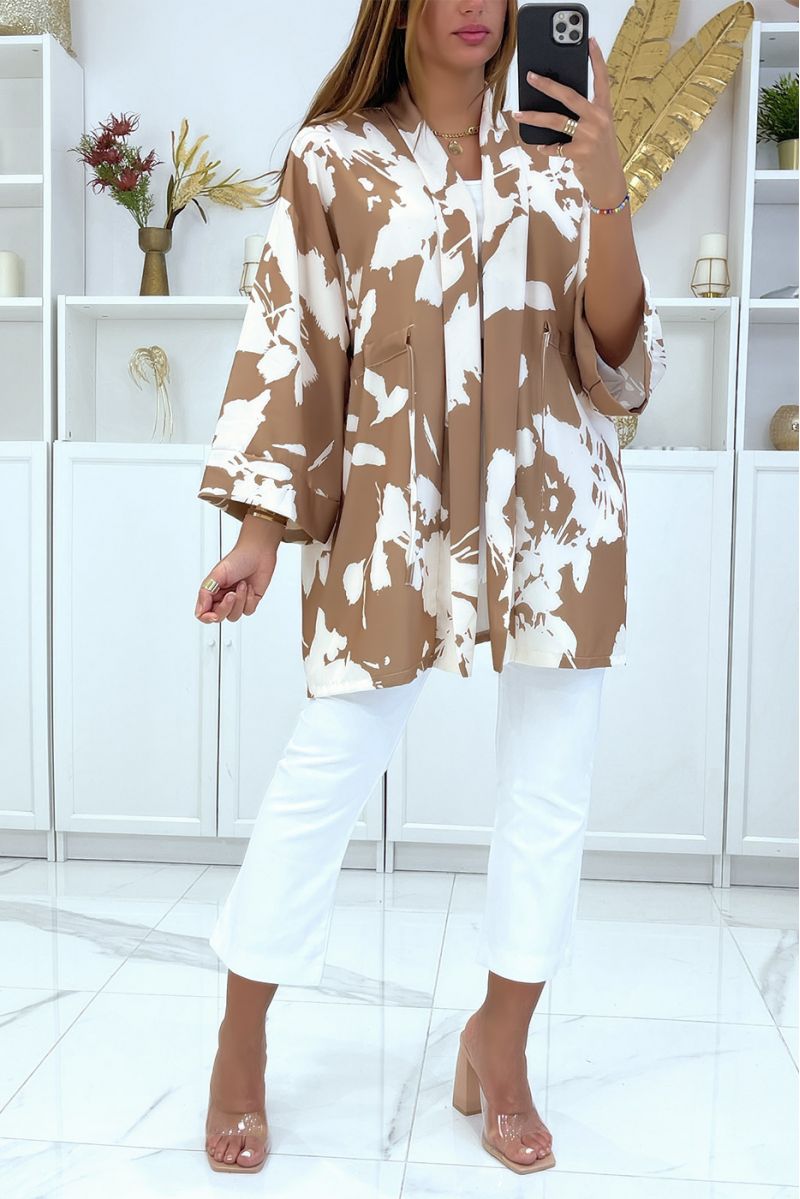 Camel kimono with pretty pattern adjustable at the waist - 4