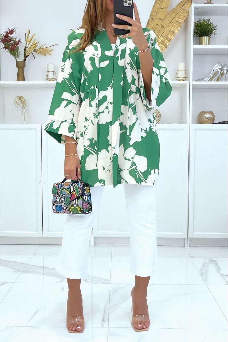 Green kimono with pretty pattern adjustable at the waist - 1