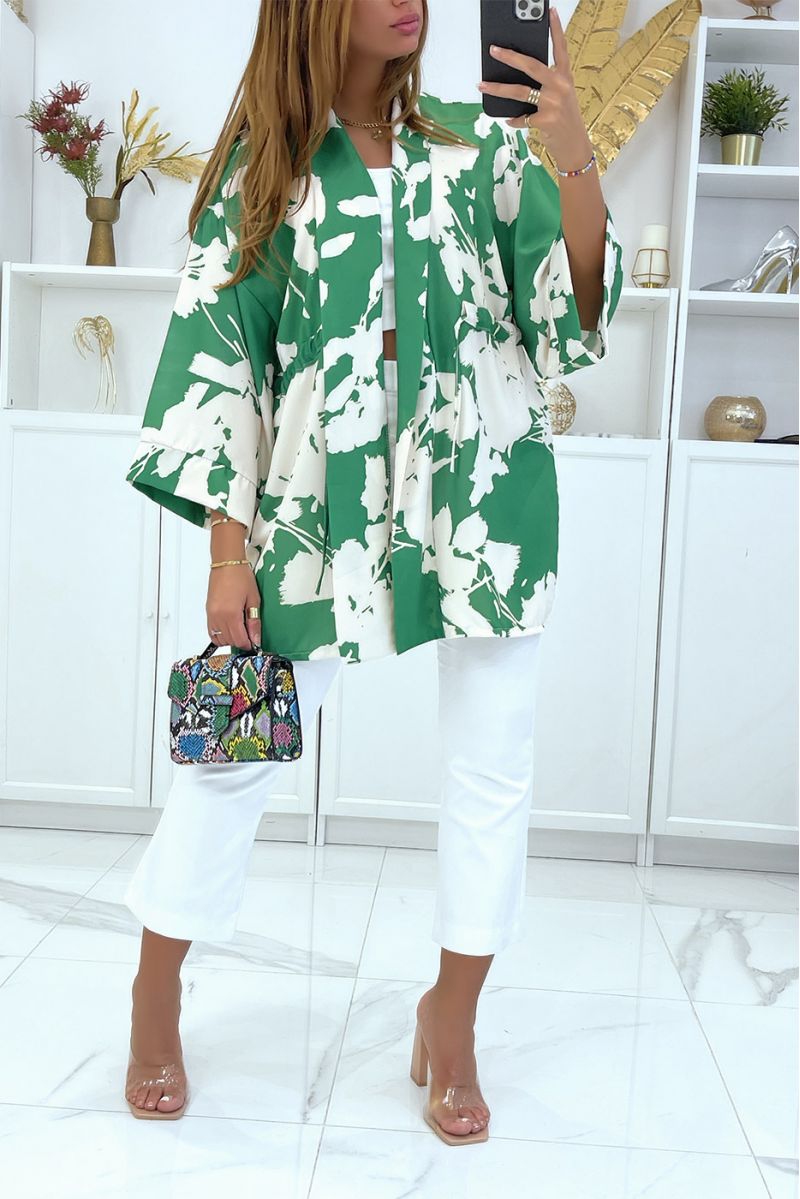 Groene kimono met mooi patroon verstelbaar in de taille - 2