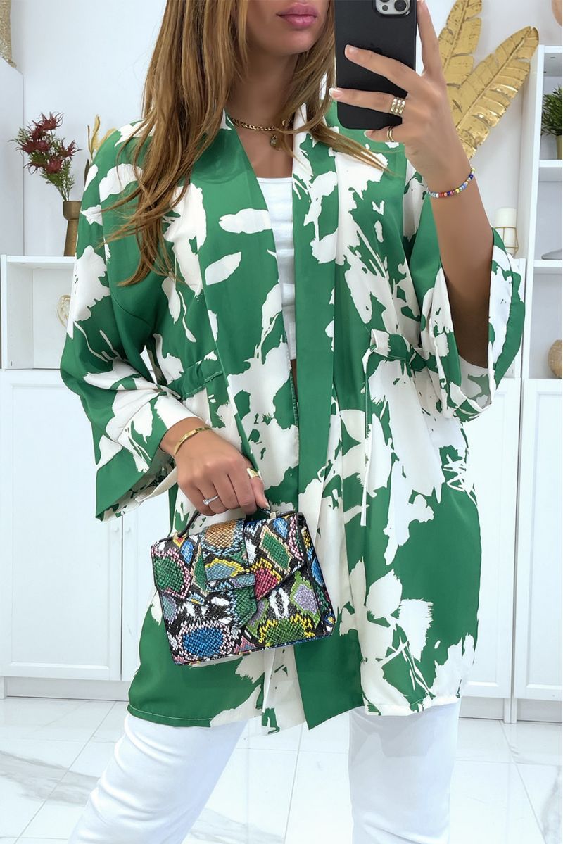 Groene kimono met mooi patroon verstelbaar in de taille - 3