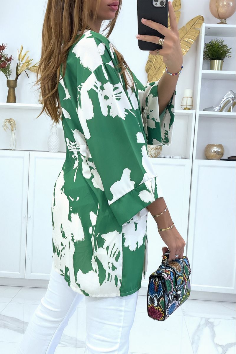 Green kimono with pretty pattern adjustable at the waist - 4