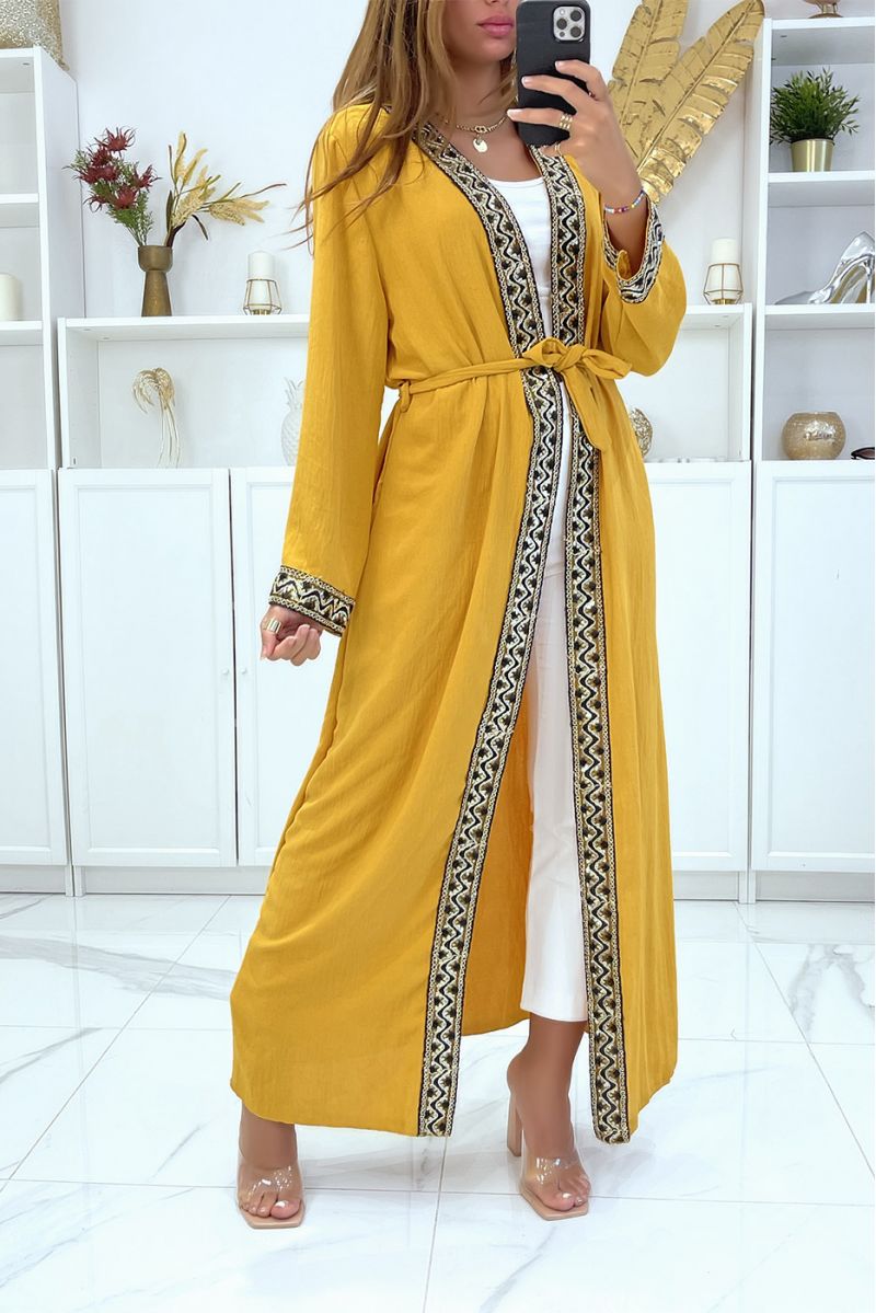 Mosterd kimono abaya met mooi gouden lovertjespatroon - 1