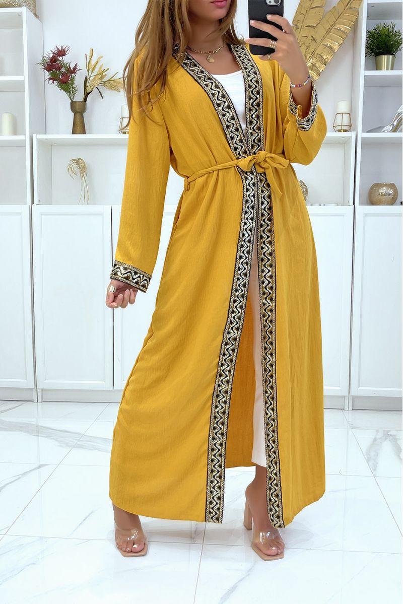Abaya kimono moutarde avec joli motif pailleté doré  - 2