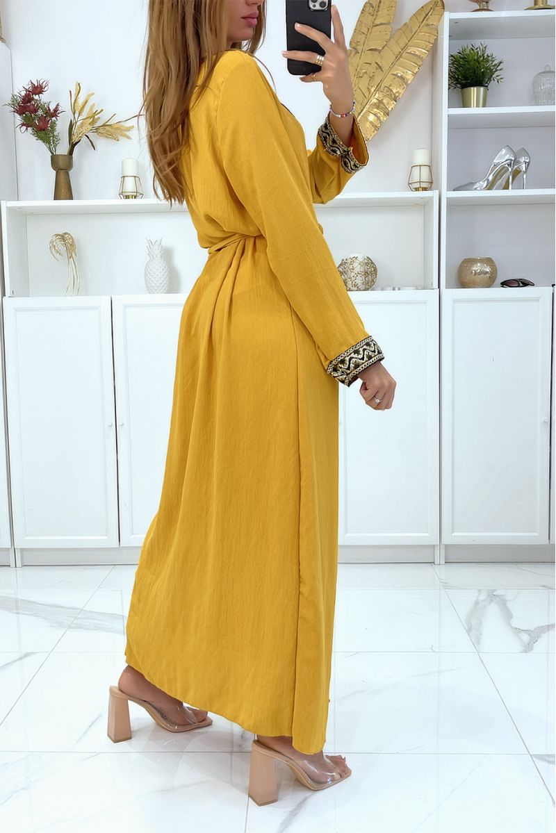 Abaya kimono moutarde avec joli motif pailleté doré  - 3