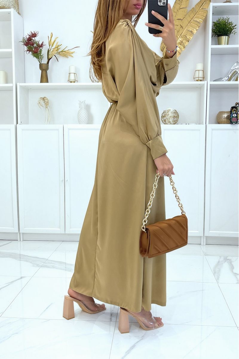 Long camel satin dress crossed at the bust - 4