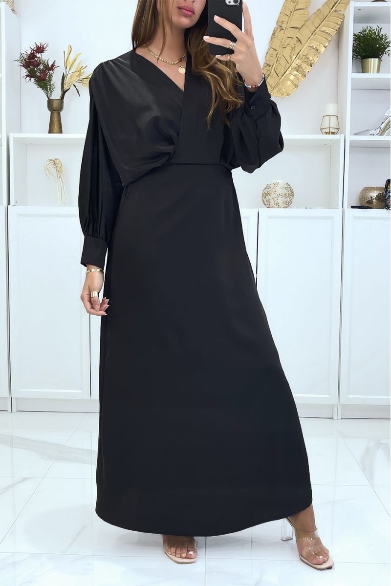 Long black satin dress crossed at the bust - 2