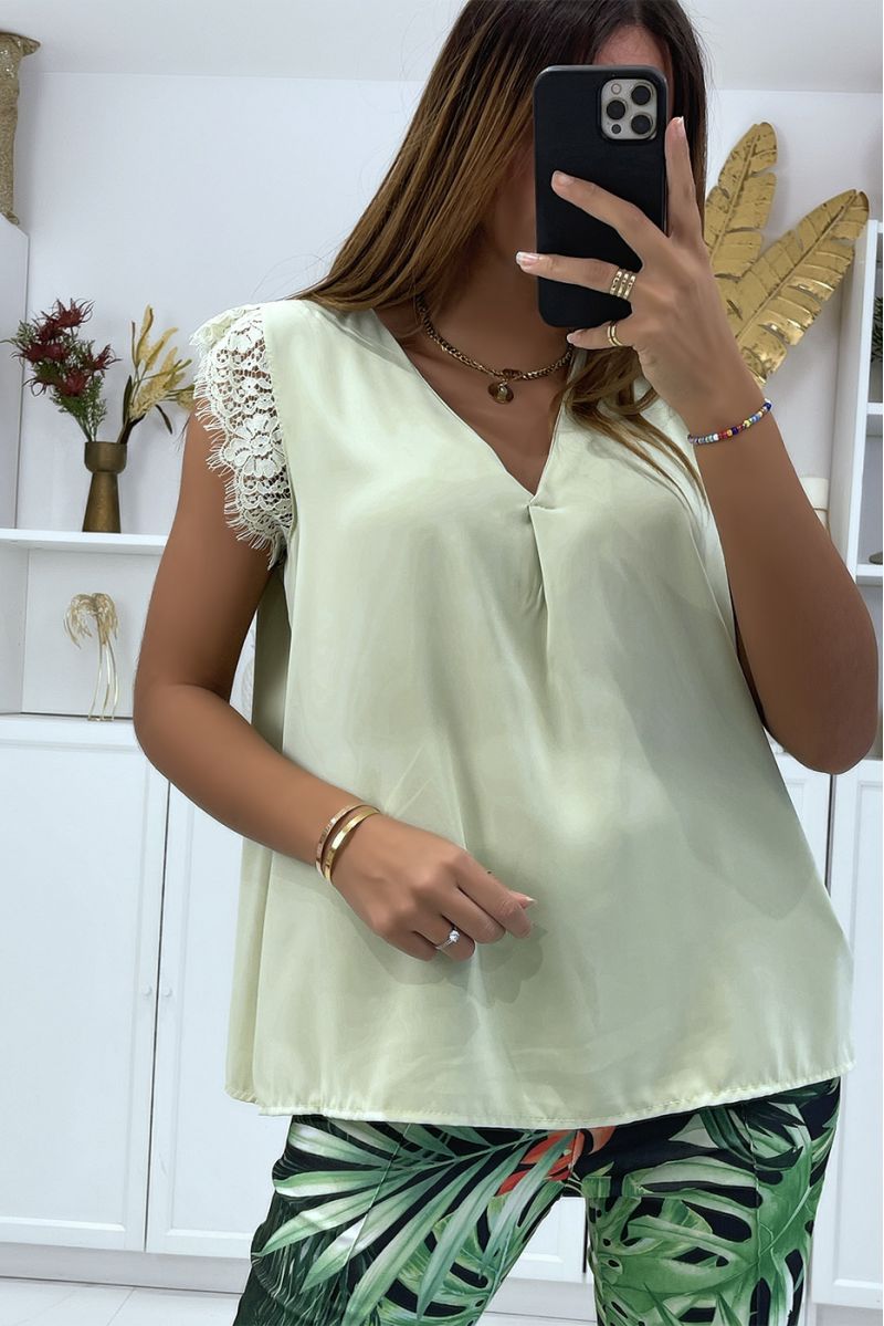 Beige satin blouse in V flight with lace on the shoulders - 4