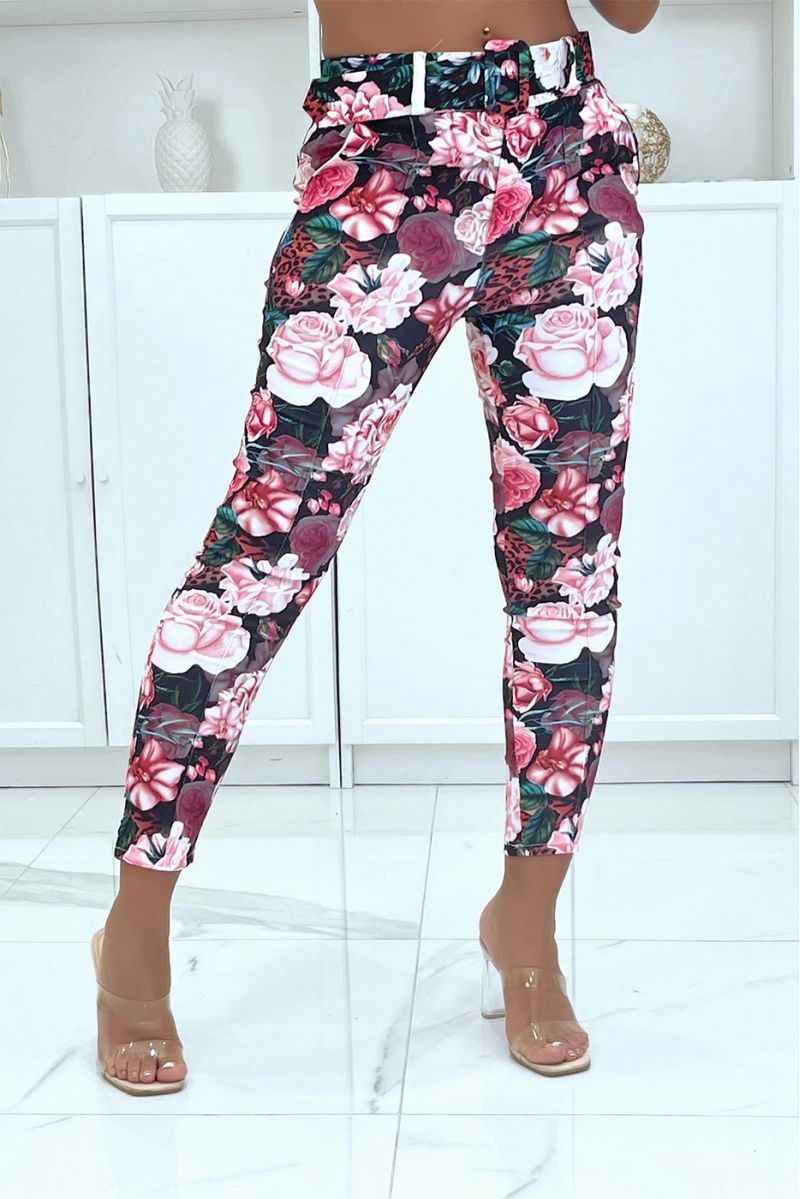 Black floral stretch pants with pleats, pockets and belt - 4