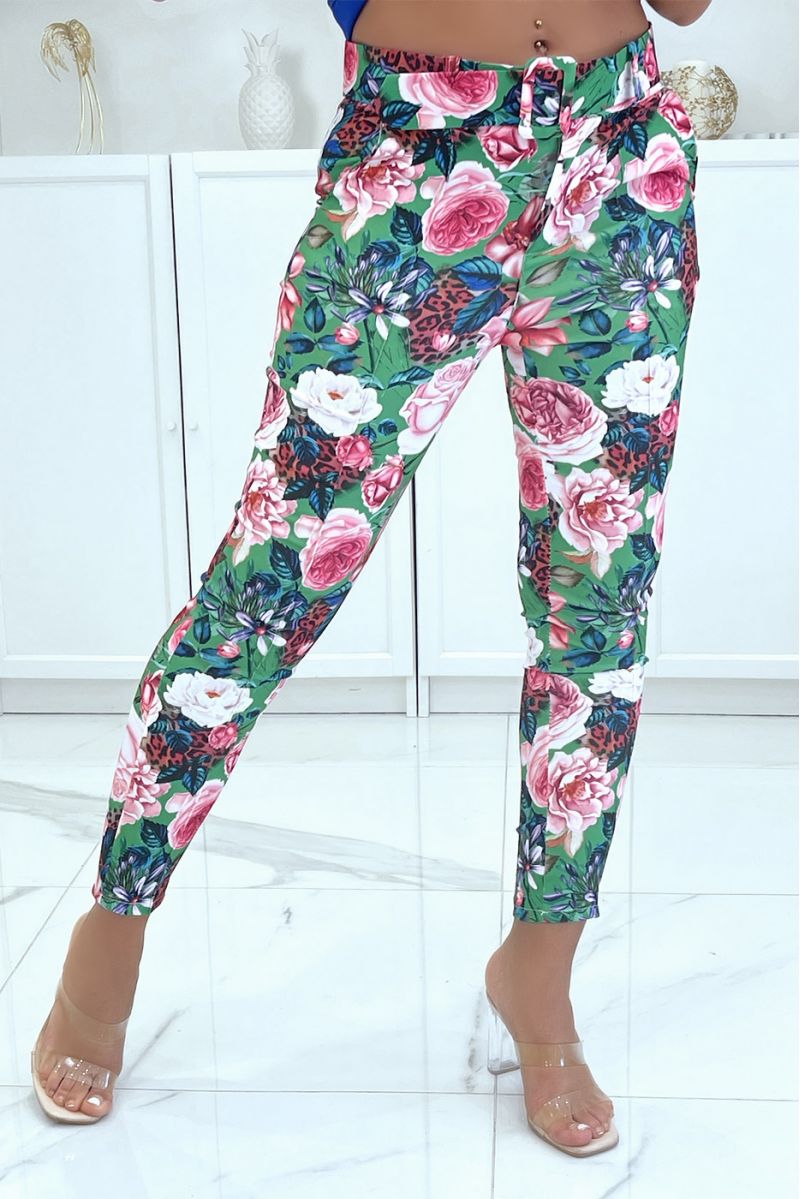 Floral green stretch trousers with pleats, pockets and belt - 4