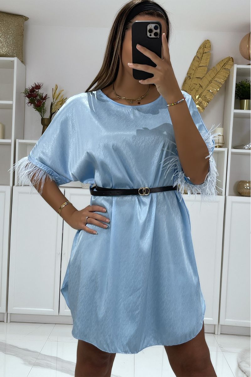 Turquoise tunic dress with feather sleeves and belt in a beautiful material - 3