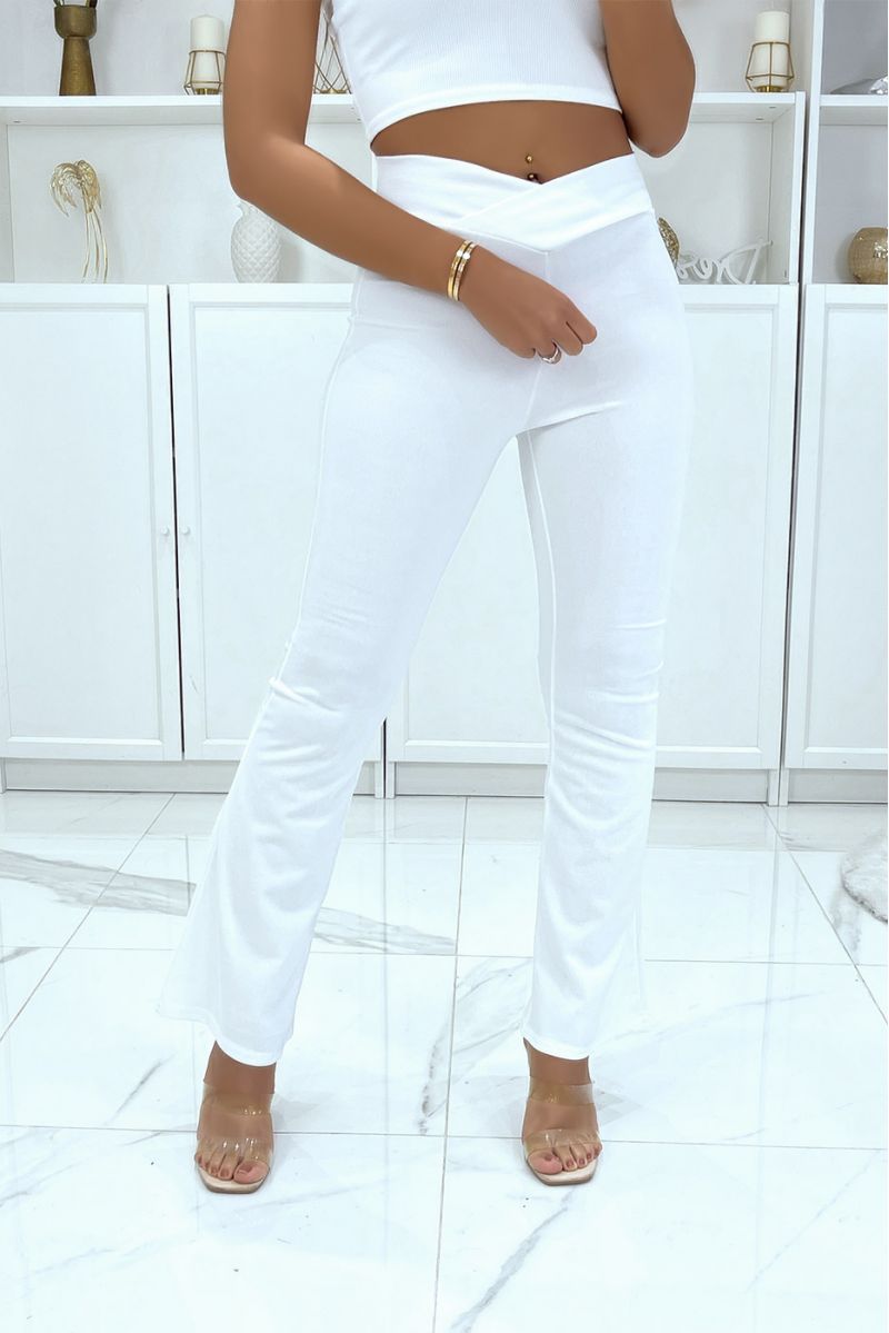 Pantalon blanc patte d'éléphant croisé à la taille - 1