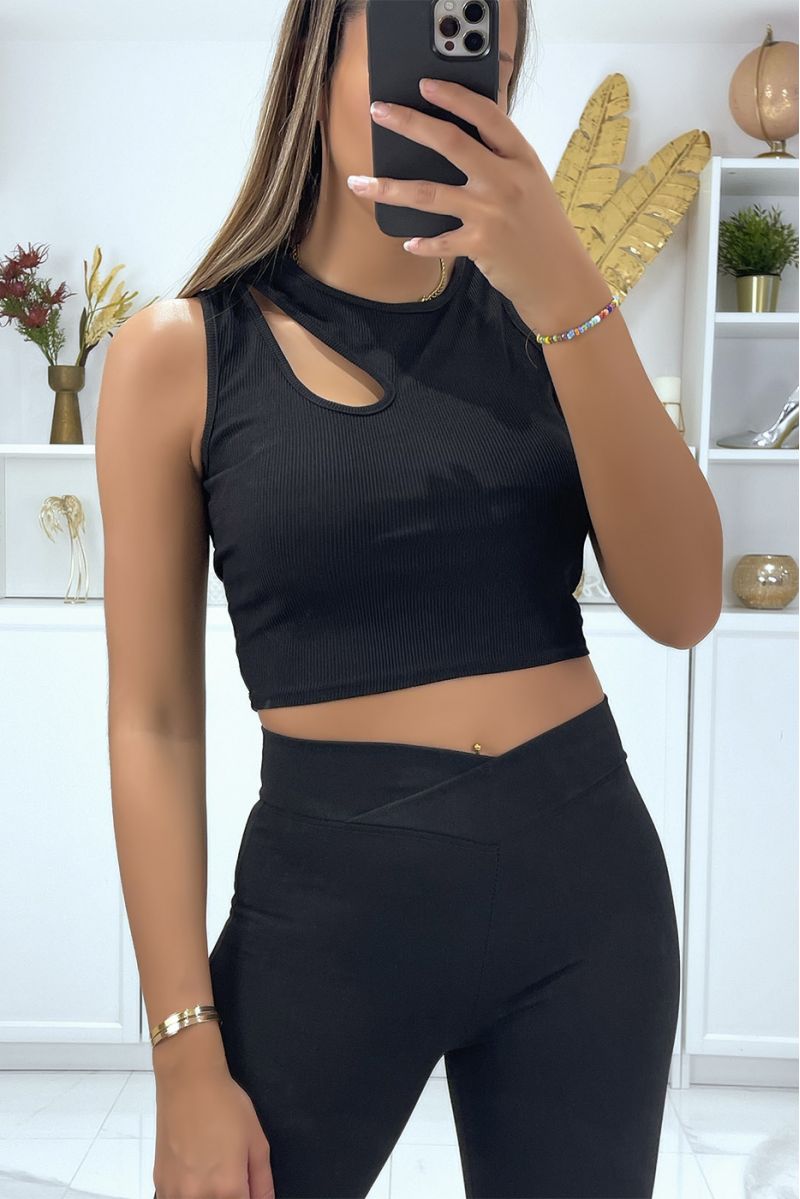 Zwarte geribbelde crop top met open buste - 4