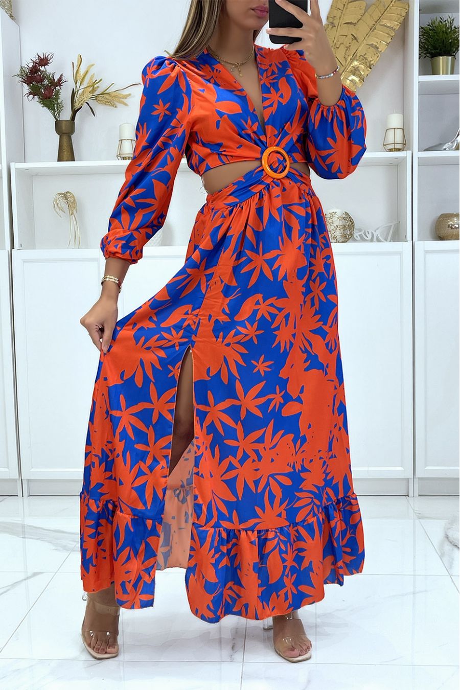 Longue robe satiné et croisé motif fleuris royal et orange  - 3