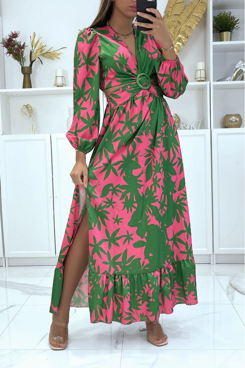 Longue robe satiné et croisé motif fleuris vert et fuchsia  - 1