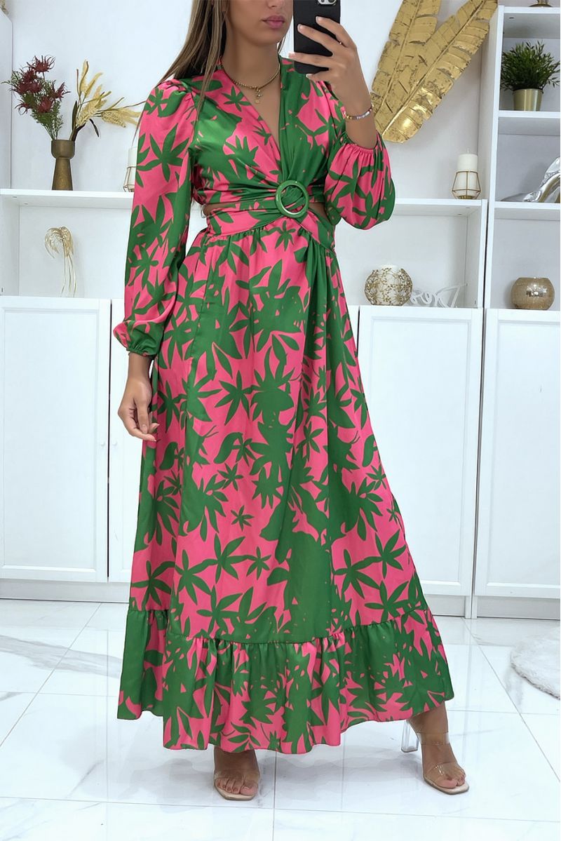 Long satin and crossed dress with green and fuchsia floral pattern - 2