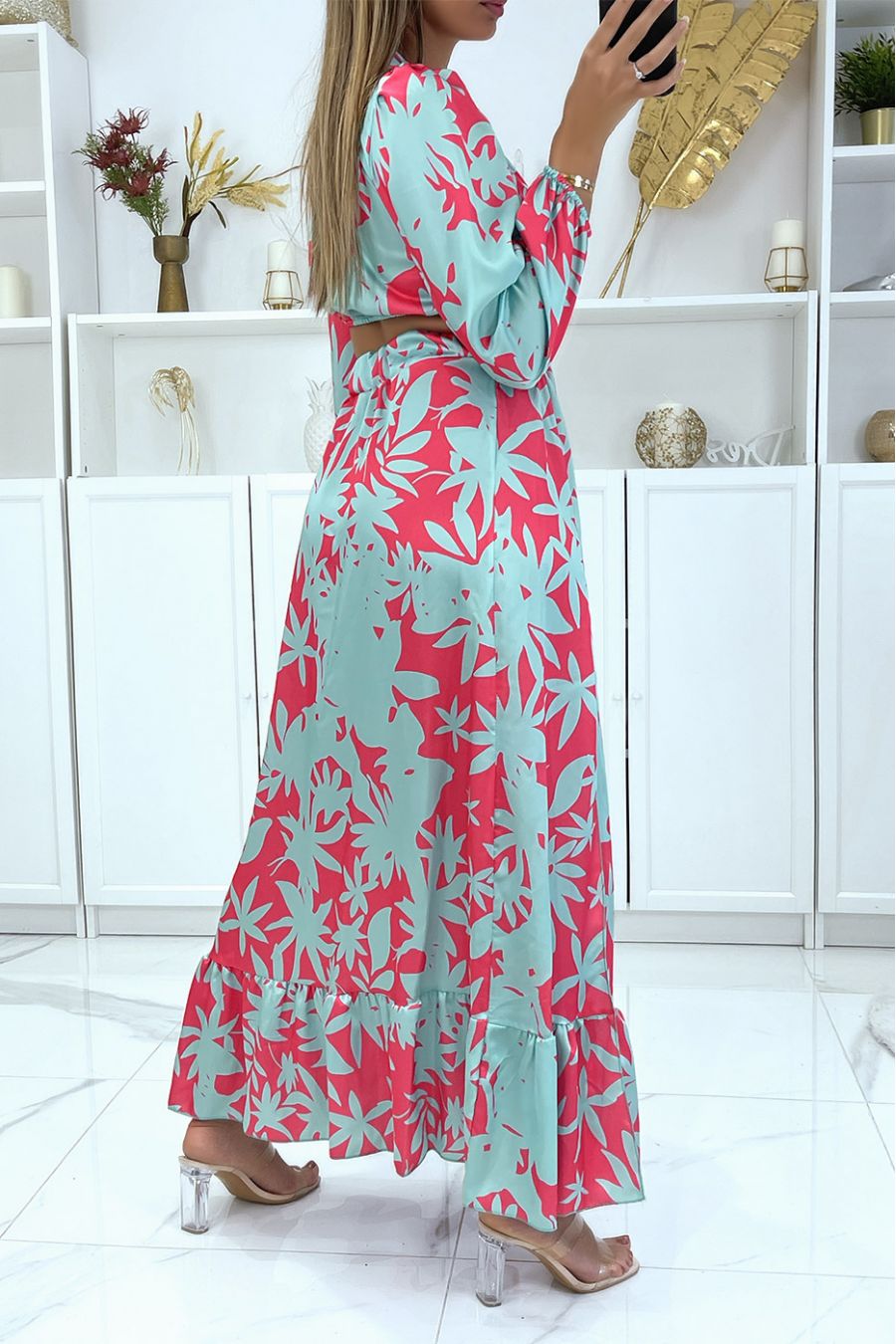 Long satin and crossed dress with fuchsia and water green floral pattern - 3