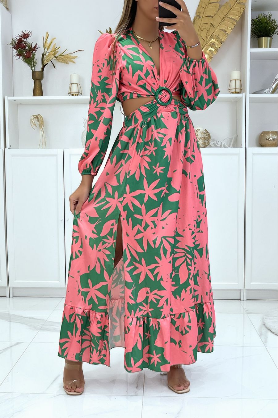 Long satin and crossed dress with green and pink floral pattern - 1