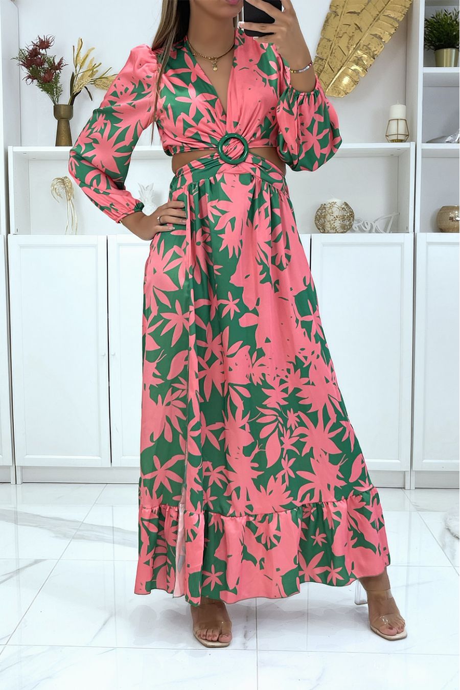 Long satin and crossed dress with green and pink floral pattern - 2