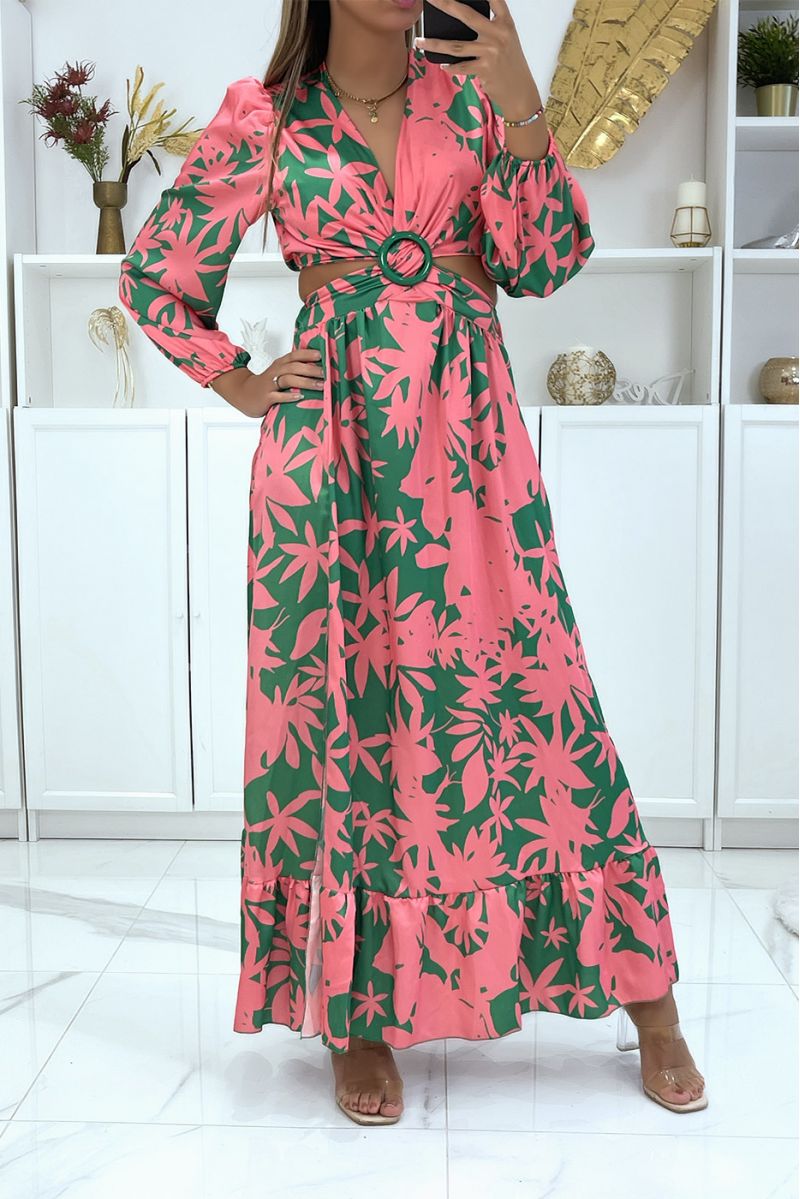 Long satin and crossed dress with green and pink floral pattern - 2 Long satin and crossed dress with green and pink floral pattern - 2