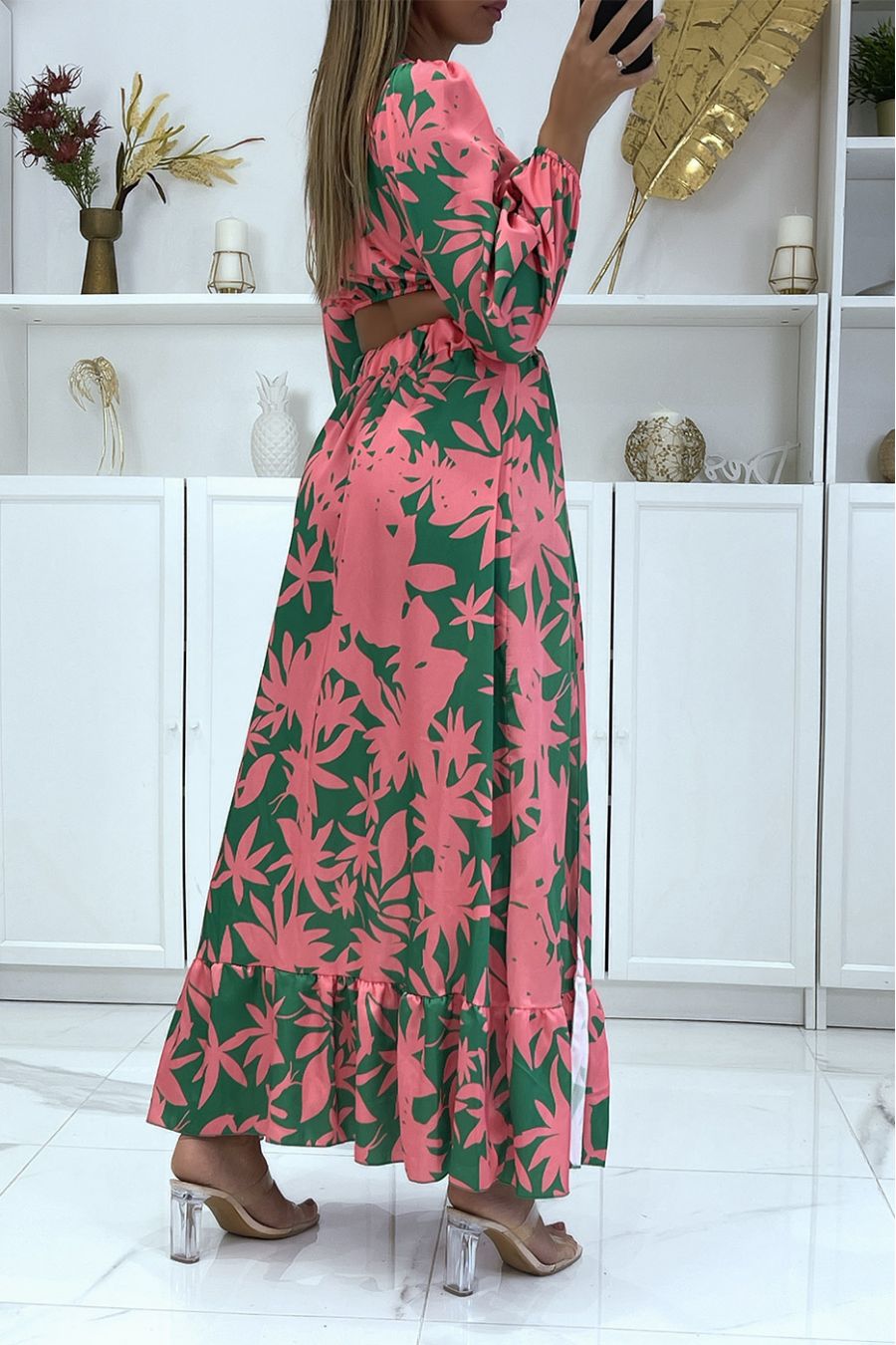 Longue robe satiné et croisé motif fleuris vert et rose  - 4