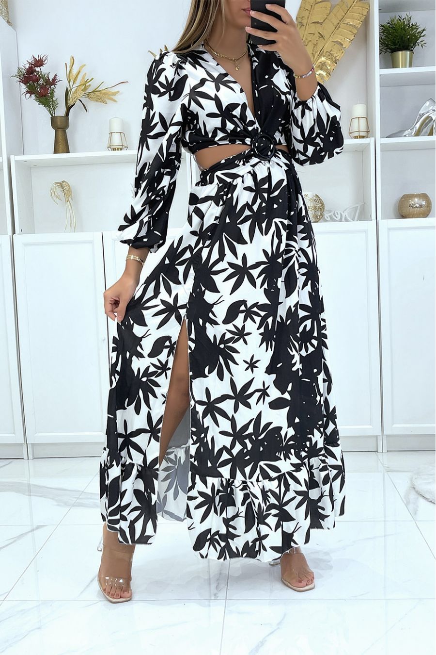 Longue robe satiné et croisé motif fleuris noir et blanc - 2