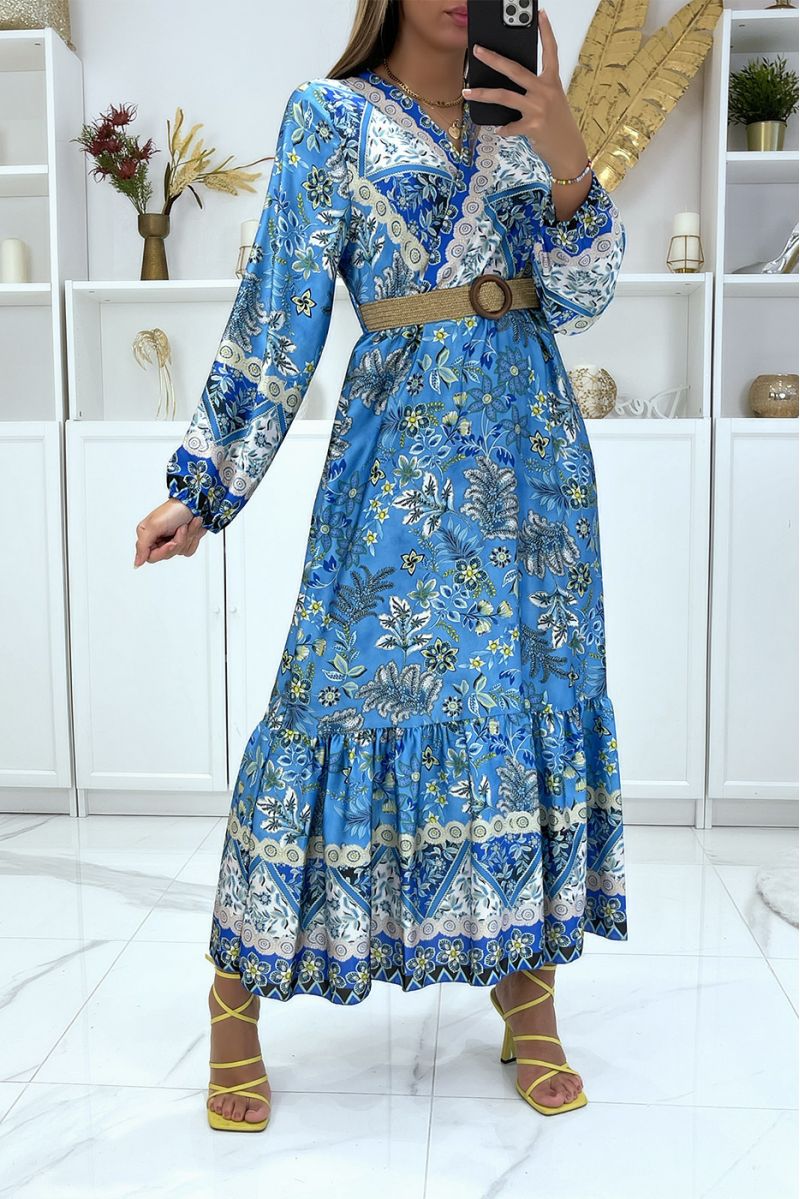 Long satin and crossed dress with black and white floral pattern - 1