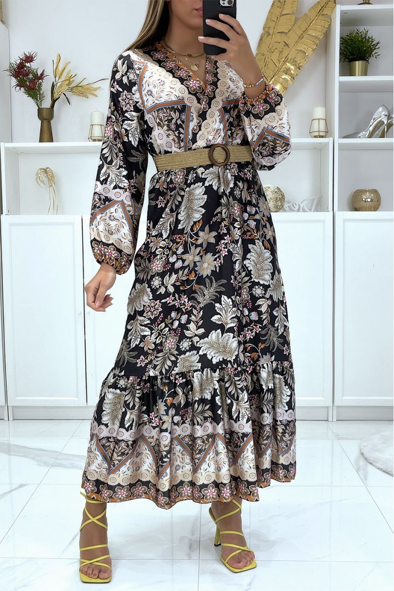 Long satin and crossed dress with black and white floral pattern - 1