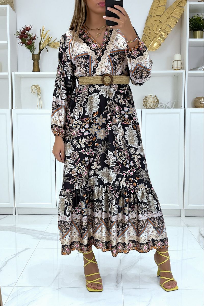 Long satin and crossed dress with black and white floral pattern - 2
