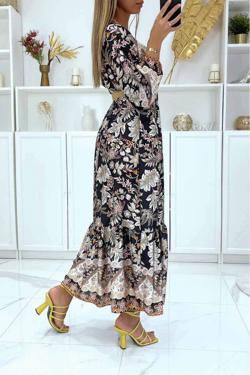 Long satin and crossed dress with black and white floral pattern - 5