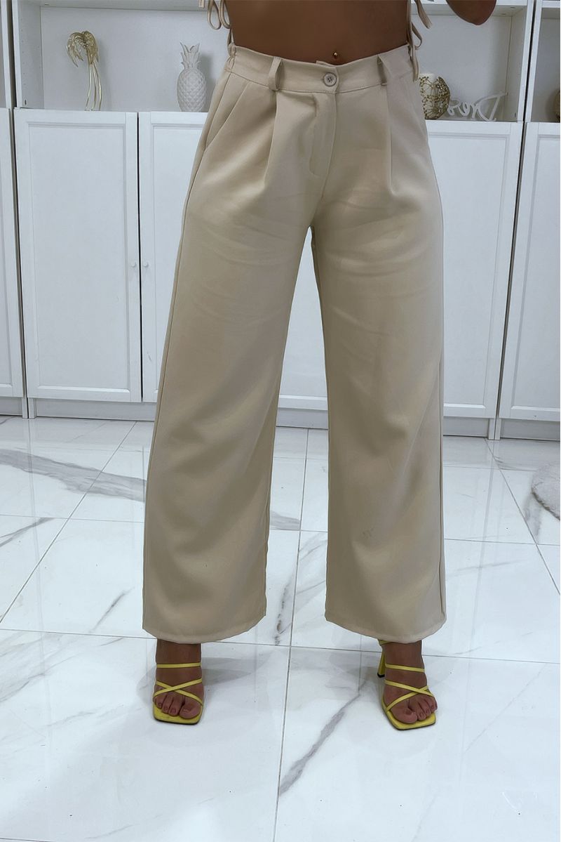 Pantalon palazzo beige avec poches et élastique au dos - 2