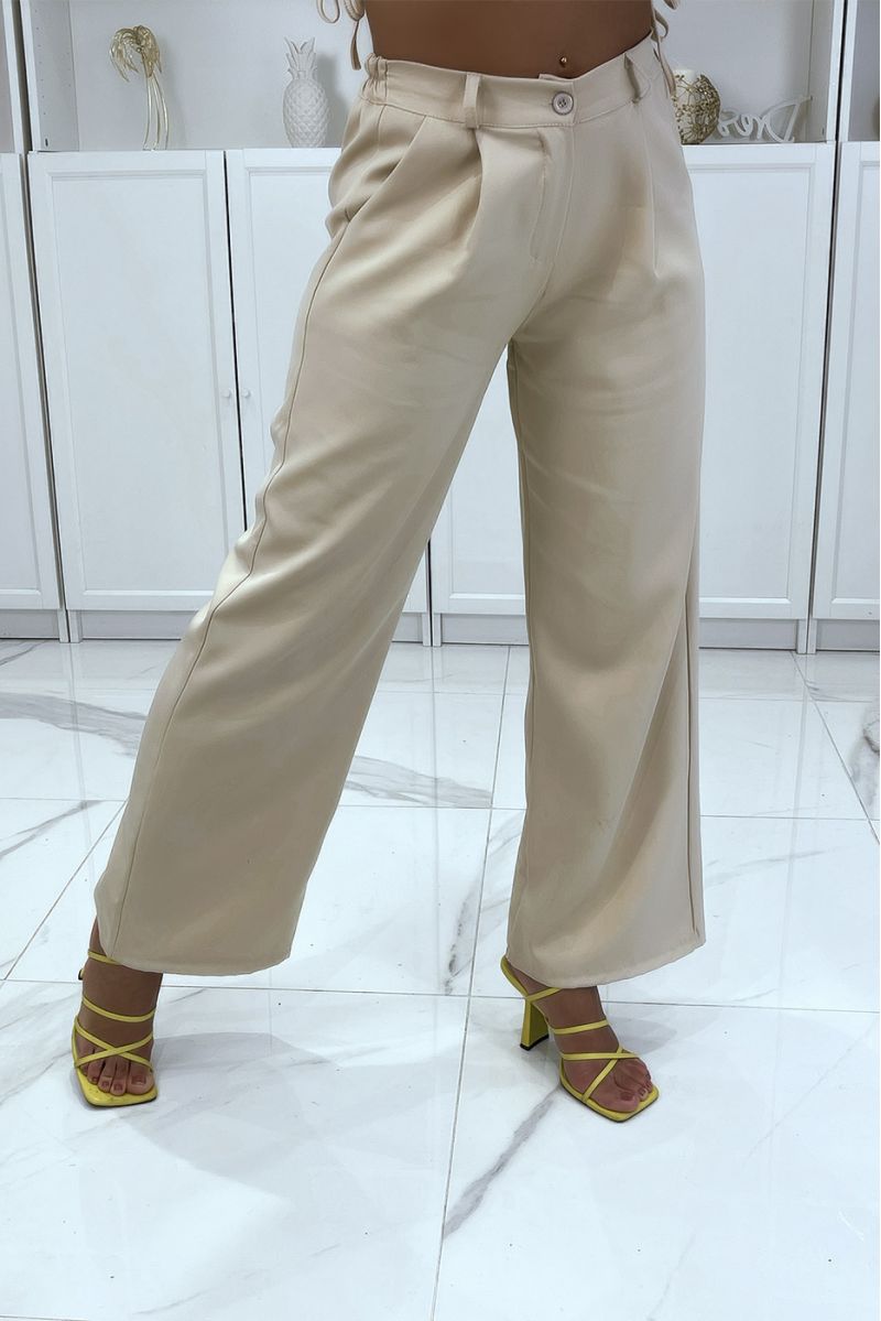 Beige palazzo pants with pockets and elastic on the back - 3