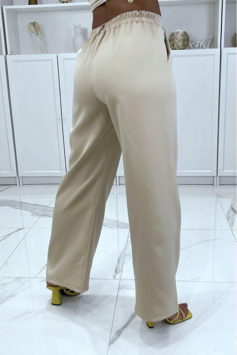 Pantalon palazzo beige avec poches et élastique au dos - 4