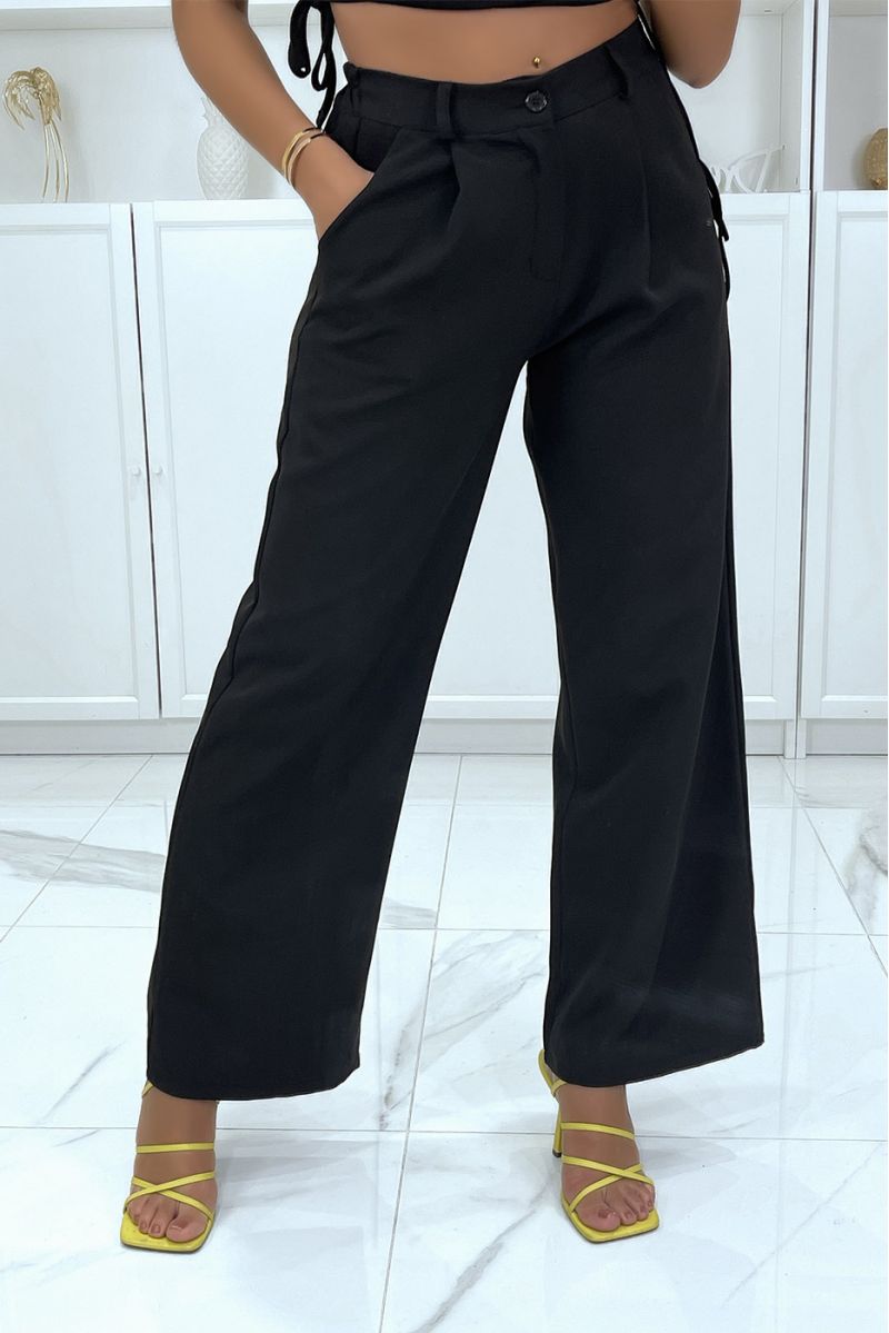 Pantalon palazzo noir avec poches et élastique au dos - 3